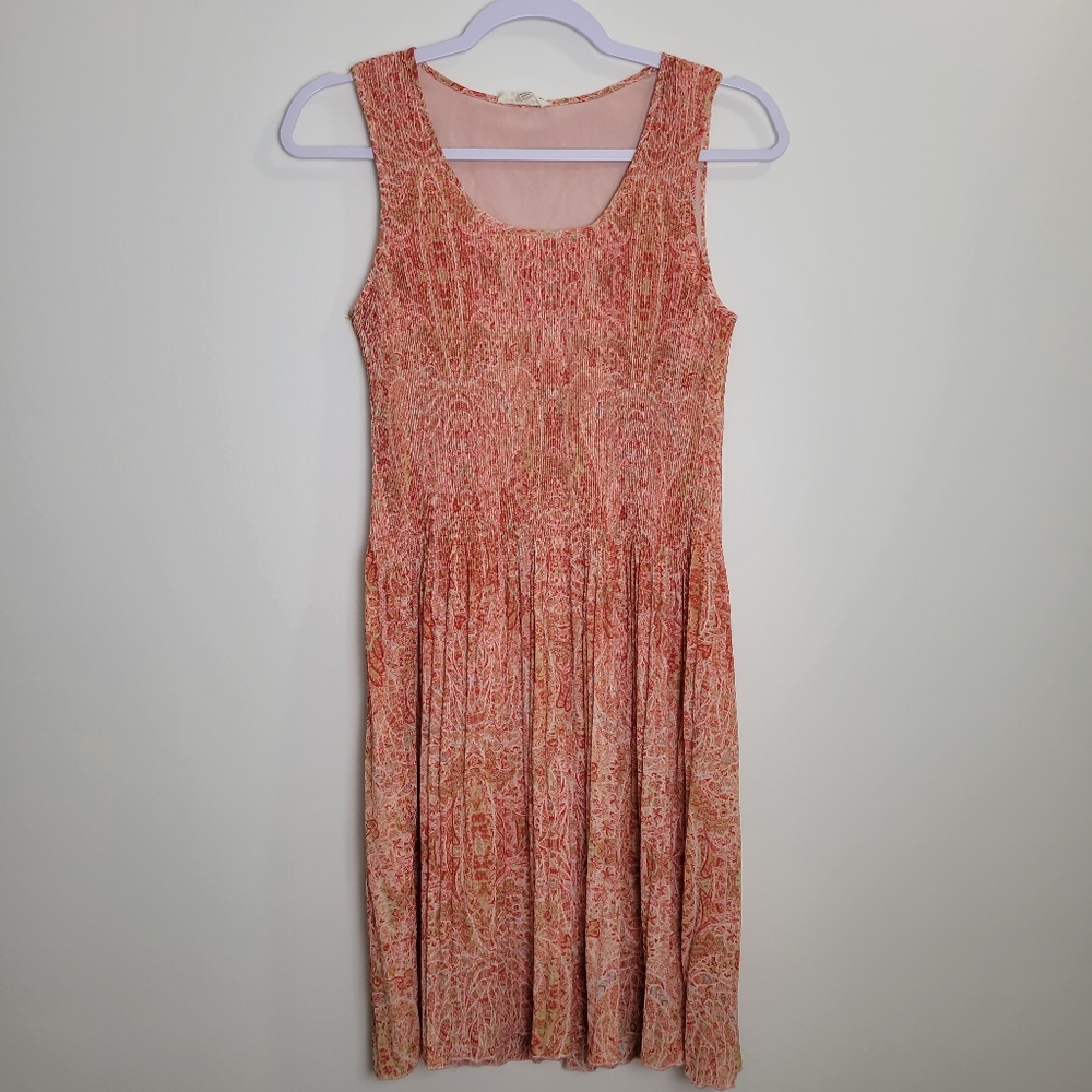 Jane and Delancey Floral Abstract Boho Micro‎ Pleated Midi Orange Dress S
